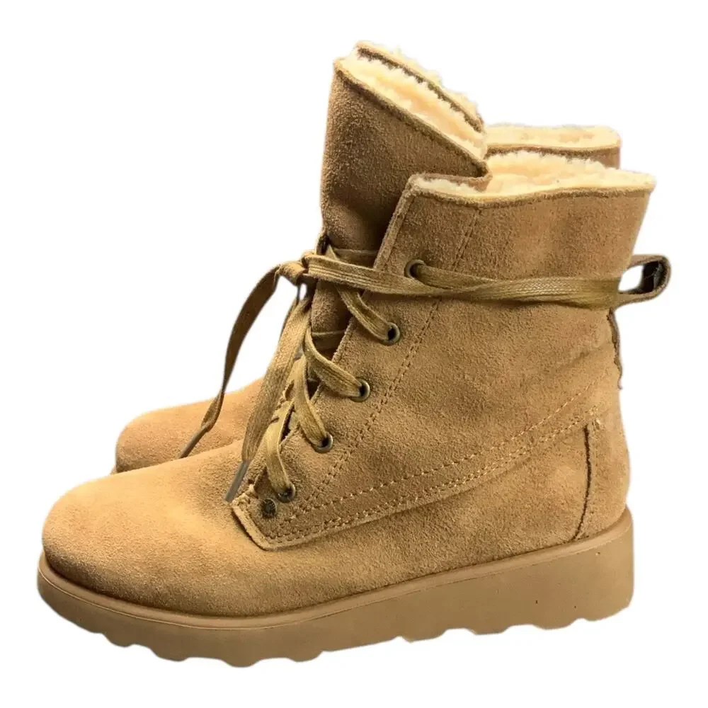 Bearpaw Krista Youth Boots Tan Suede Wool Lined Lace Up Size 4 EU 34